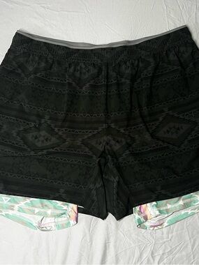 Chubbies black Athletic Shorts/ Swim Trunks with Pastel Aztec Patterned Liner